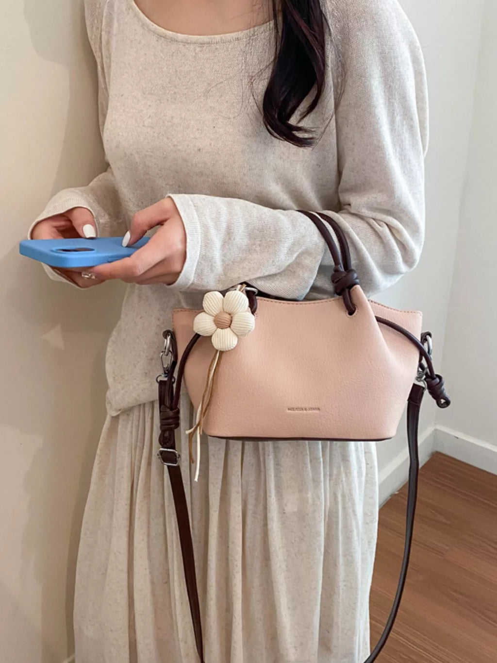 Leather Crossbody Bag with Flower Charm