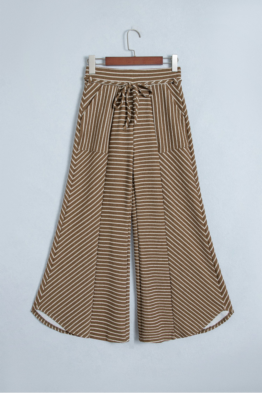 Khaki Stripe Patchwork Design Wide Leg Casual Pants