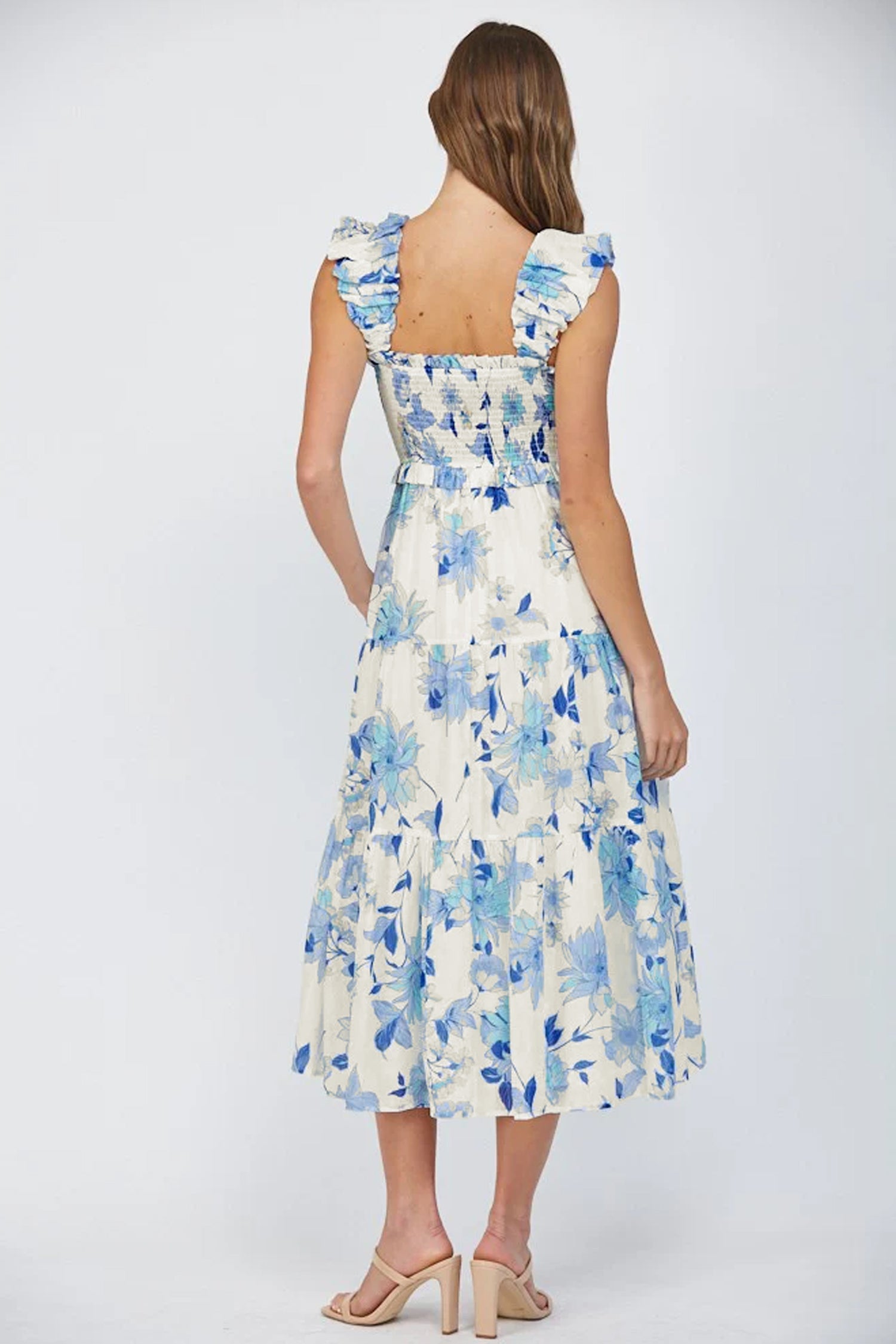 Sky Blue Ruffled Straps Smocked High Waist Floral Maxi Dress