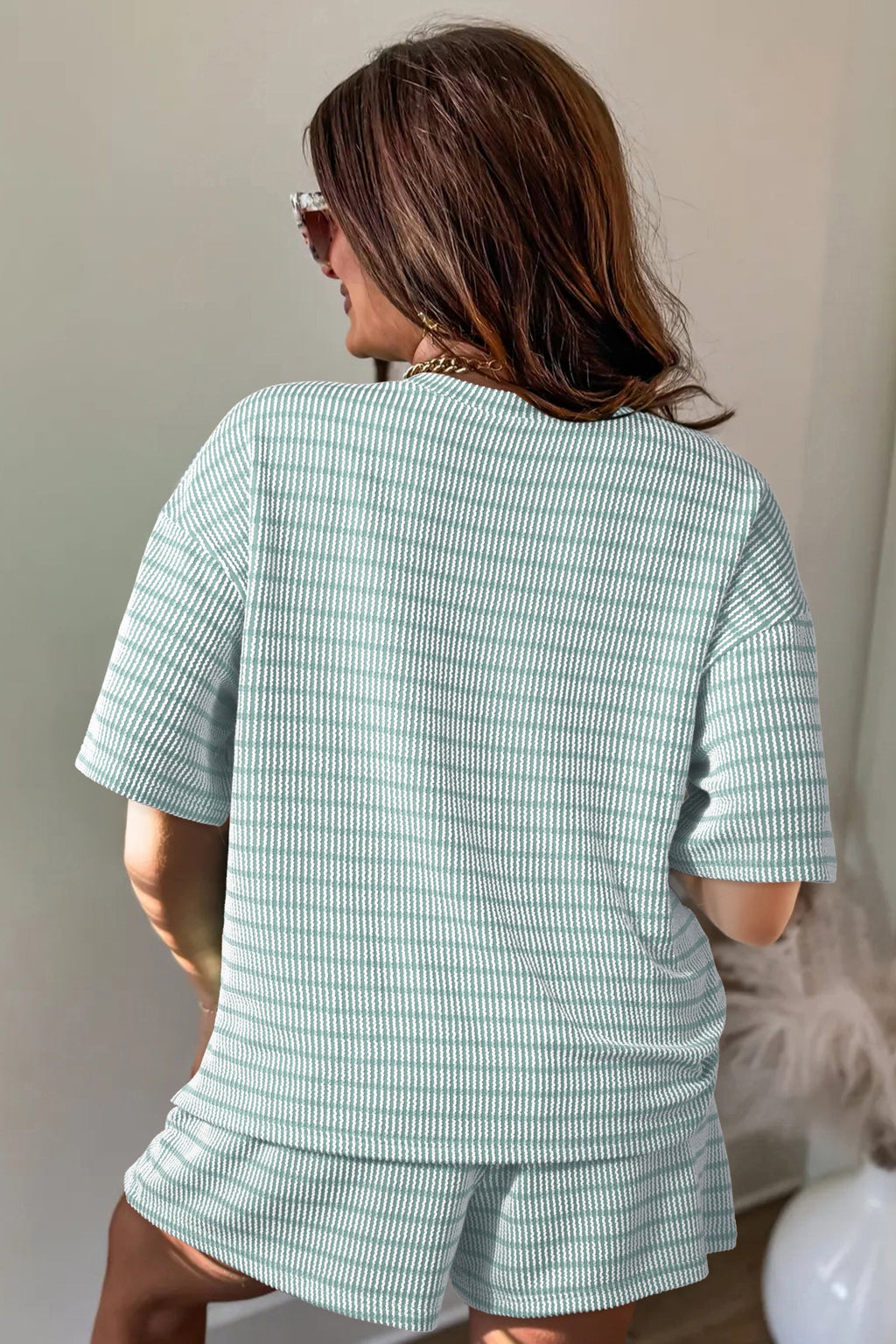 Green Stripe Raised Rib Loose Tee Drawstring Elastic Waist 2pcs Short Set