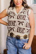 Western Horseshoe Bow Pattern Button Front Sleeveless Knit Sweater