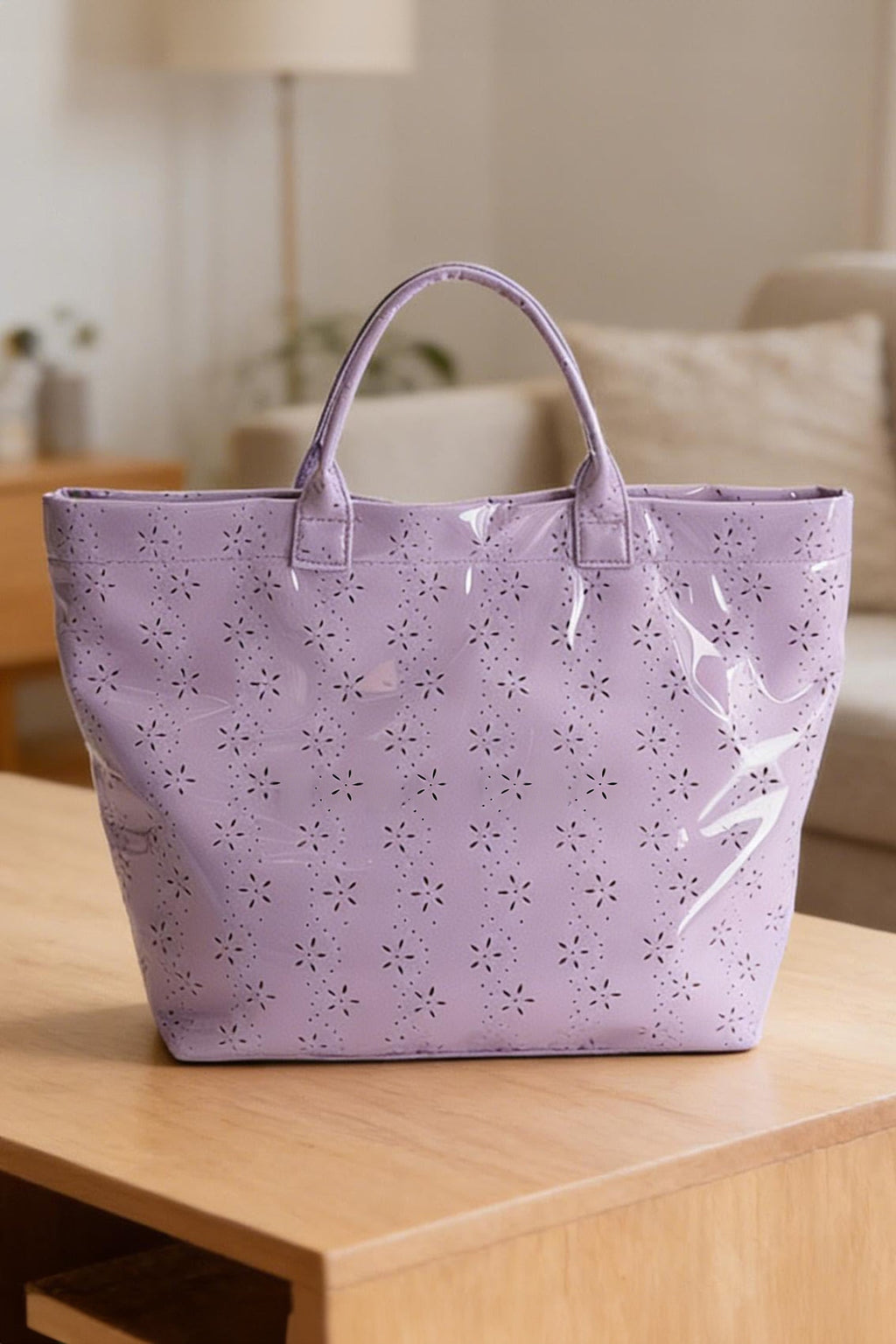 Orchid Eyelet Flower Pattern PVC Glossy Waterproof Tote Bag
