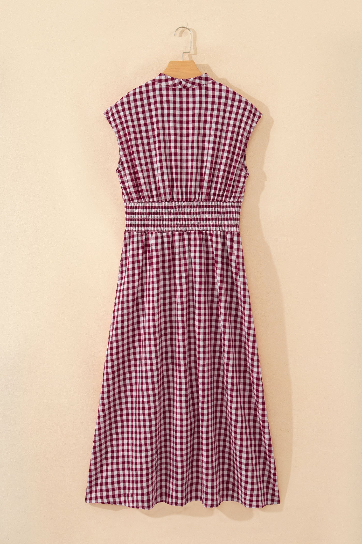 Red Plaid Print Full Zipper Cinched Waist Fit Flare Sleeveless Maxi Dress