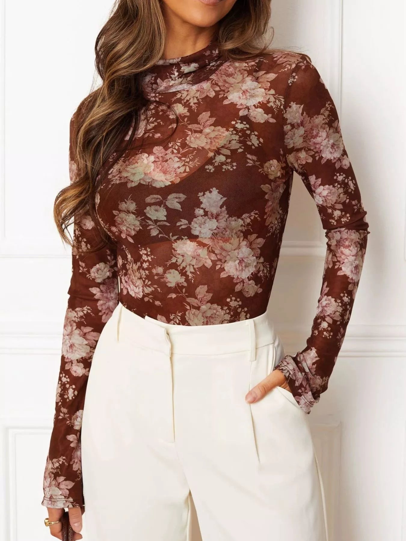 Floral Print Sheer Mesh Long Sleeve Mock Neck Top