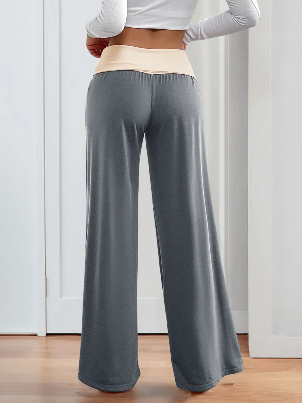 Contrast Waistband Wide Leg Pants