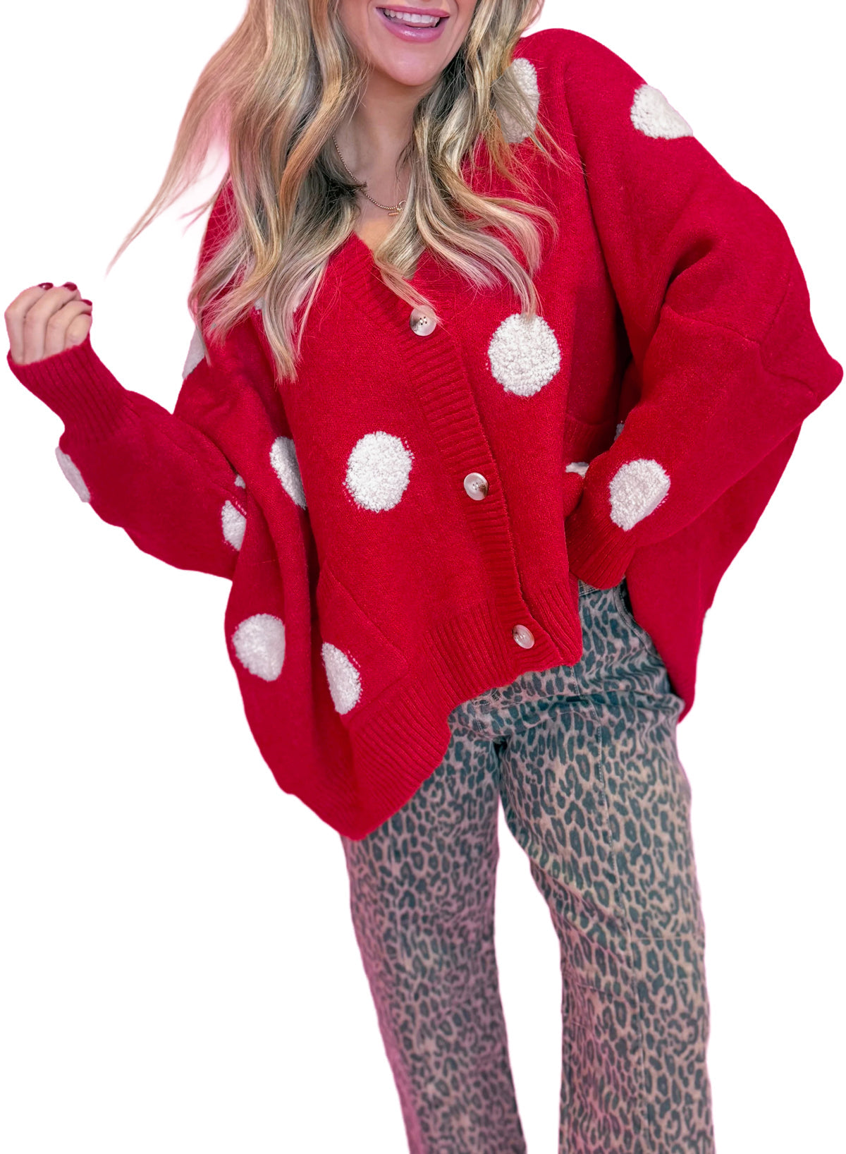 Beige Polka Dot Button Front Oversized V Neck Cardigan
