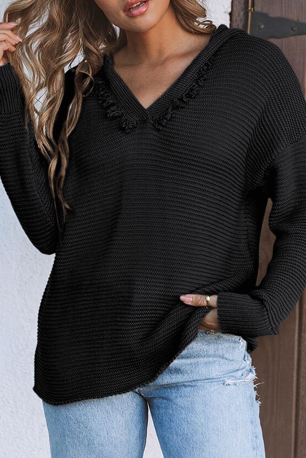 Solid Ribbed Drop Shoulder Hooded V-Neck Sweater