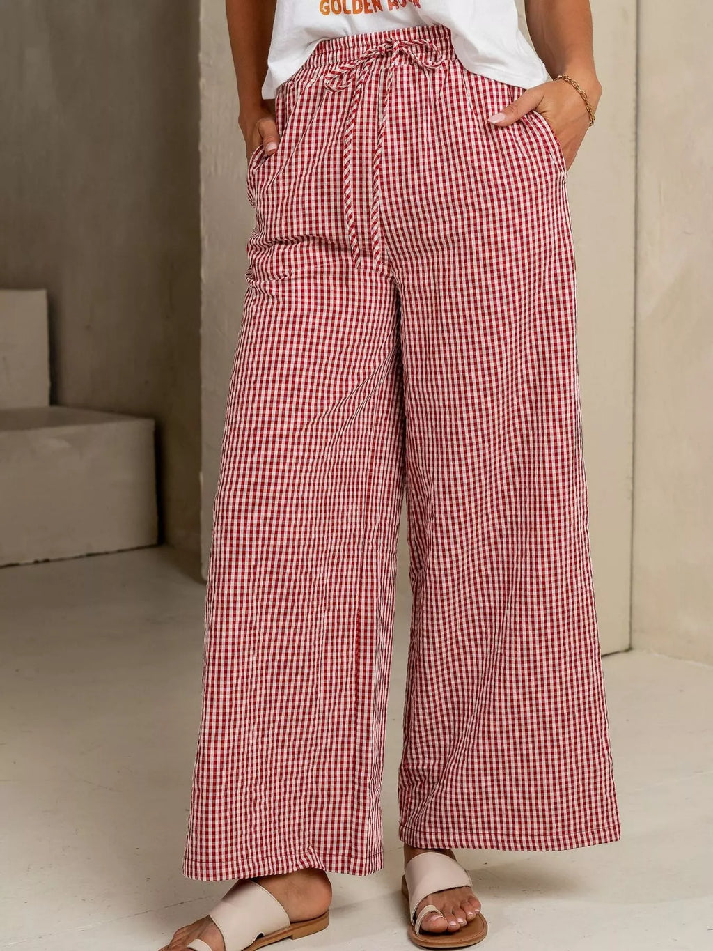 Gingham Wide-Leg Viscose Pants with Drawstring Waist and Pockets