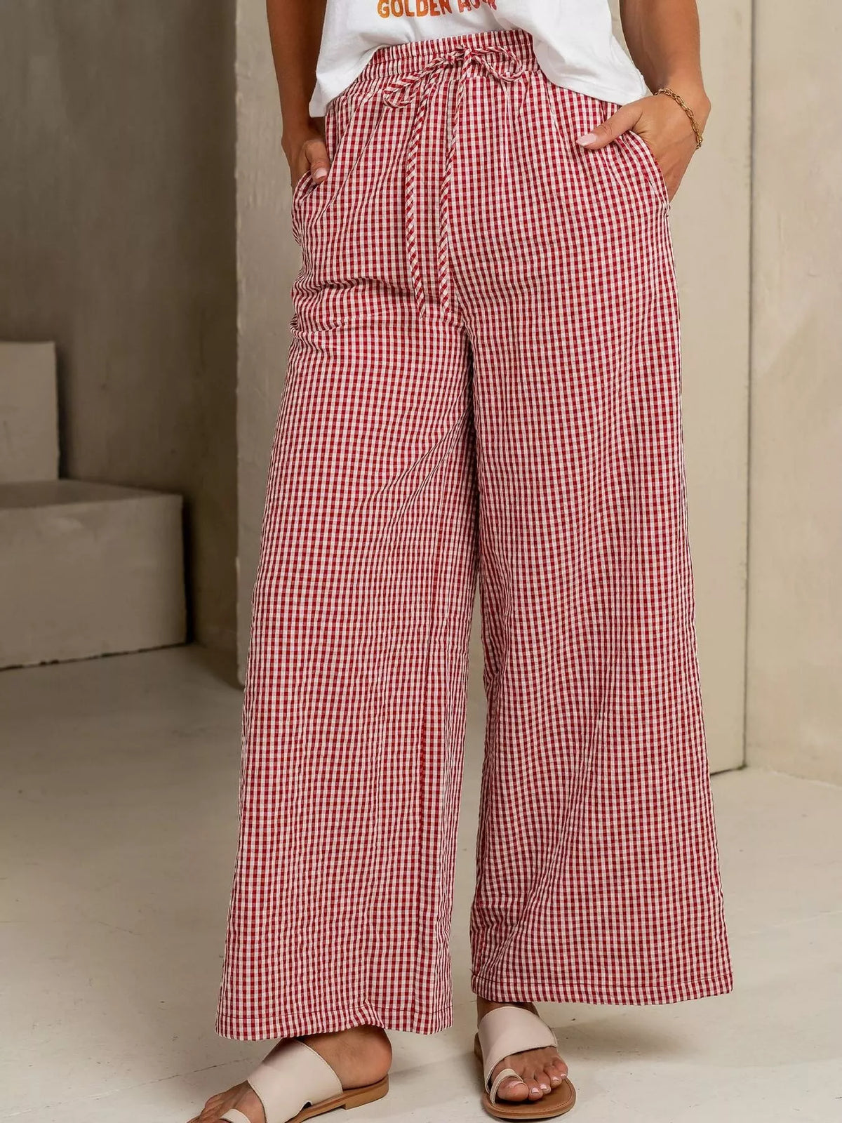 Gingham Wide-Leg Viscose Pants with Drawstring Waist and Pockets