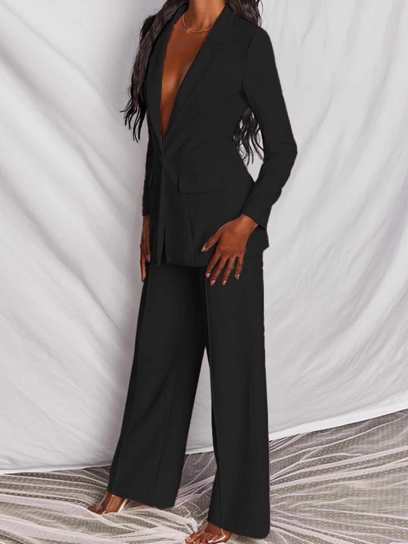 Full Size One Button Blazer and Wide-Leg Pants Set Plus Size
