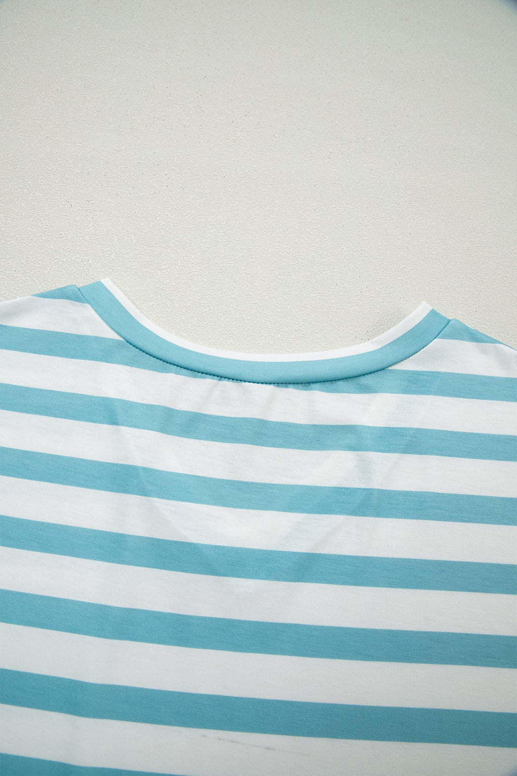 Sky Blue Stripe V Neck Patched Pocket Casual T Shirt