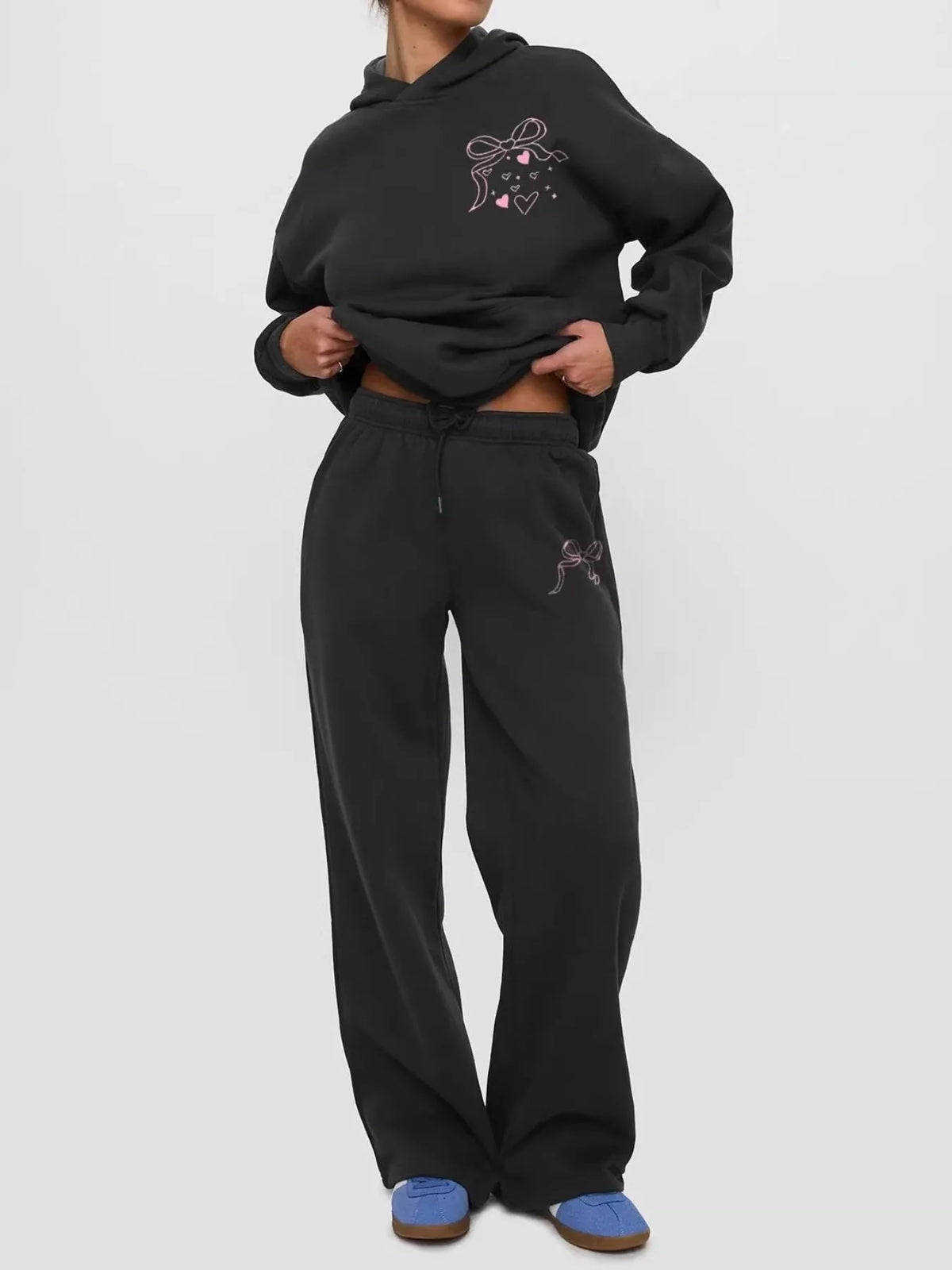 Bow and Heart Dropped Shoulder Hoodie and Pants Set