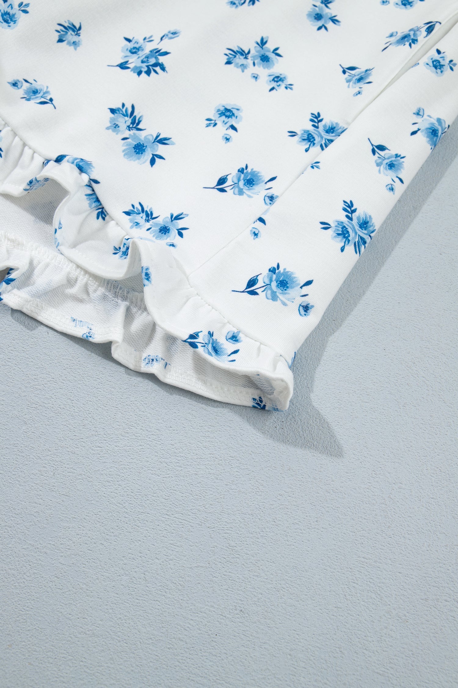 Sky Blue Floral Print Long Sleeve Top Elastic Waist Ruffle Hem Shorts 2pcs Set