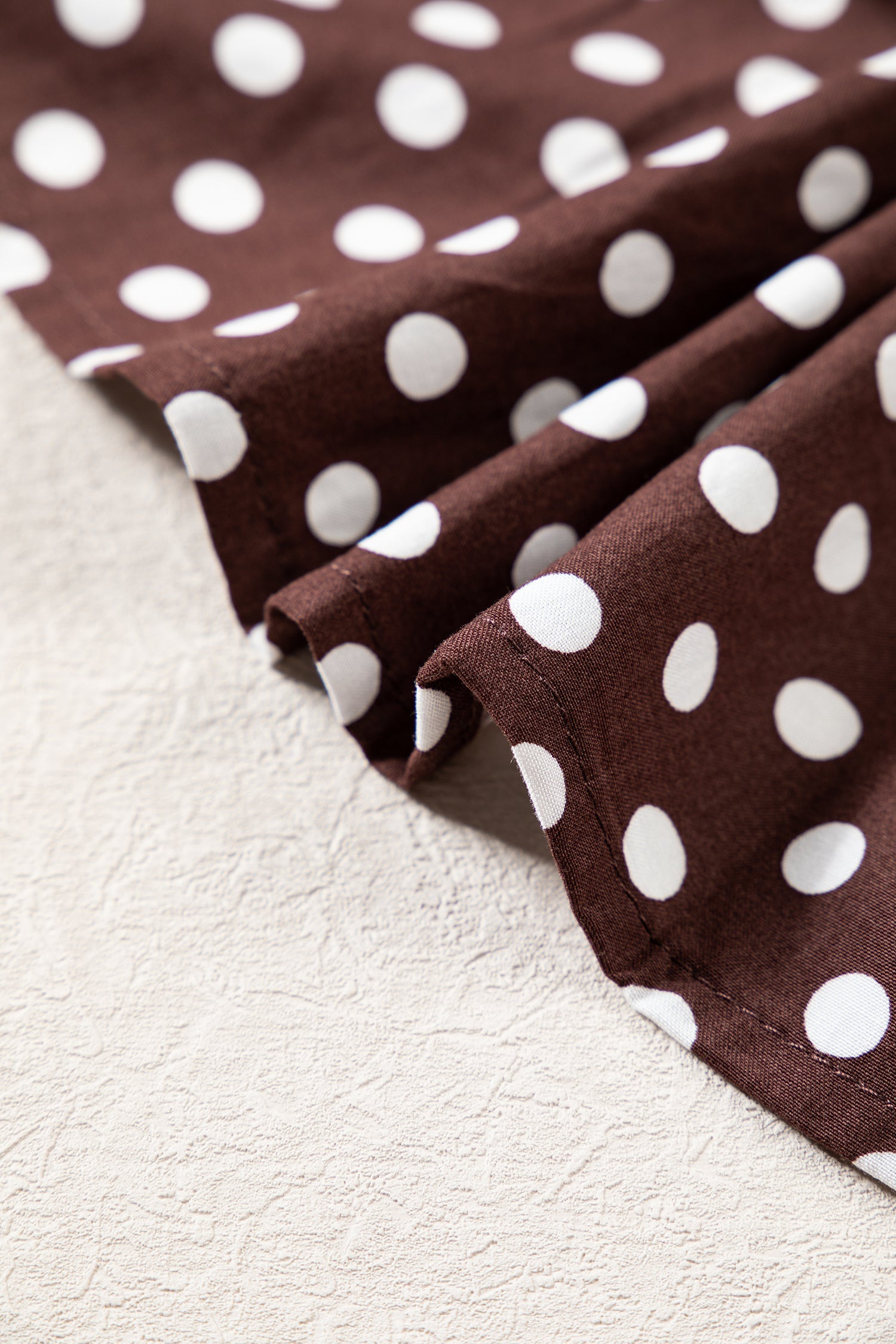 Brown Polka Dot Ruffled High Neck Shirred Ruffle Hem Blouse