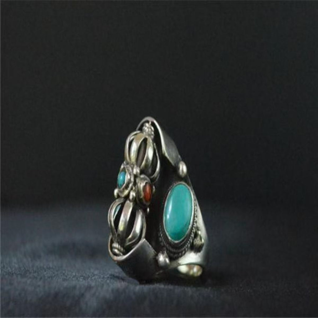 New Xizang-Style Vajra Heavy-Duty Ring With Imitation Turquoise And Red Bead Inlay, Vintage Ethnic Style Unisex Ring Accessory