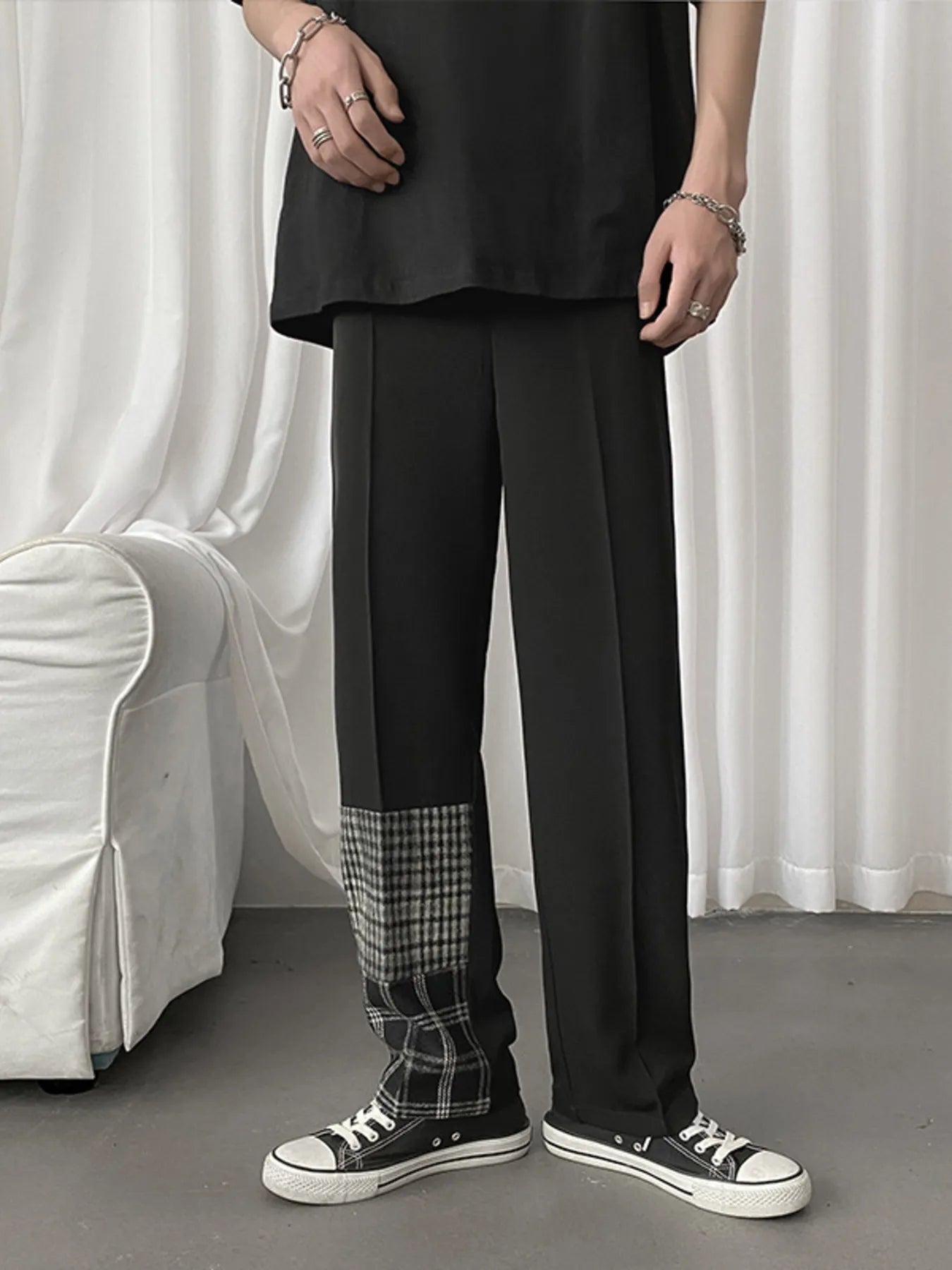 Men's Plus Size Plaid Patchwork Straight-Leg Pants