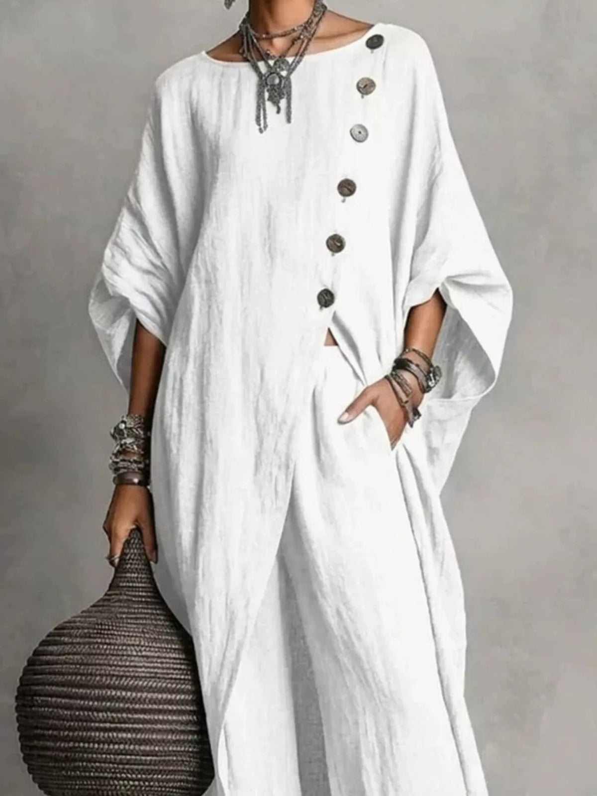Full Size Asymmetric Button-Down Top and Wide-Leg Pants Set Plus Size
