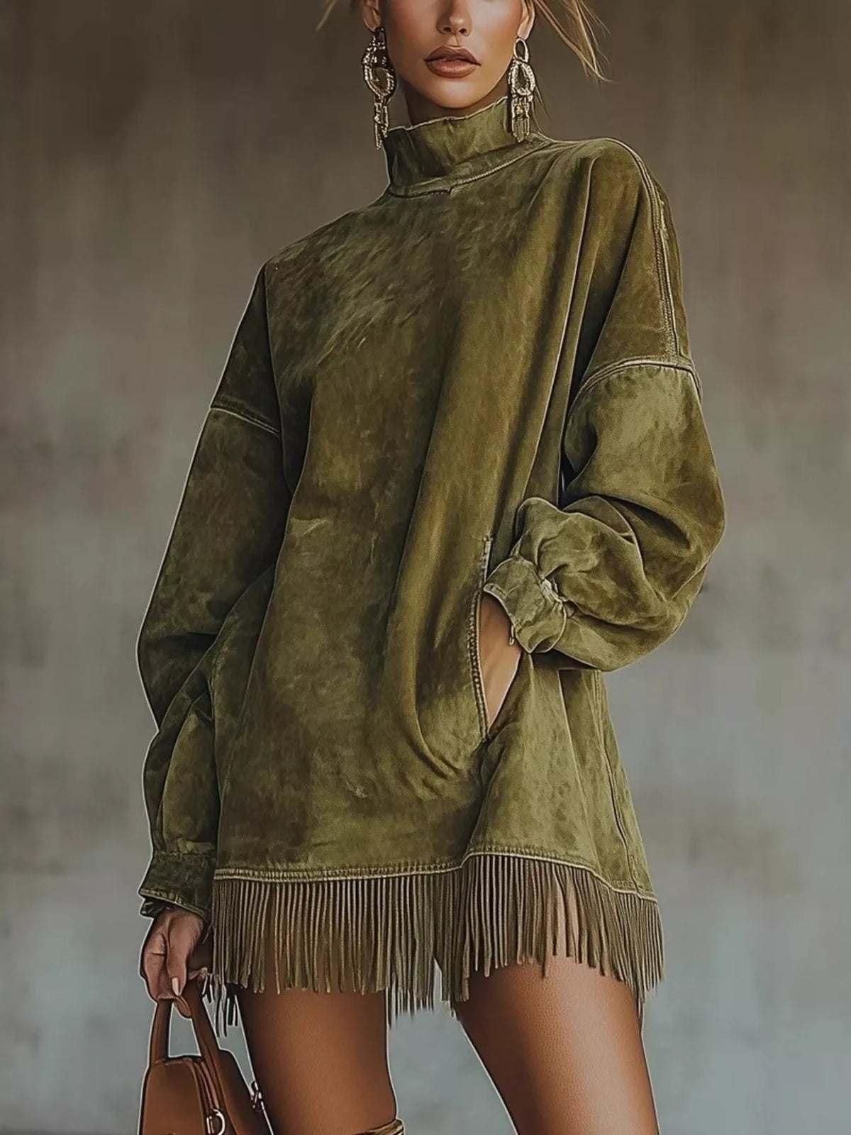 Suede Mock Neck Fringed Mini Dress