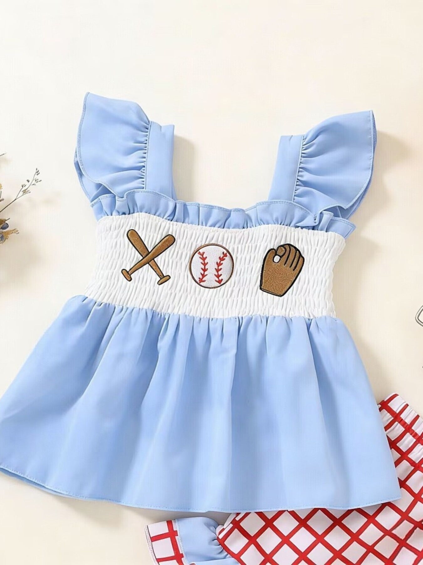 Children's Baseball Embroidered Ruffle Trim Top and Shorts Set