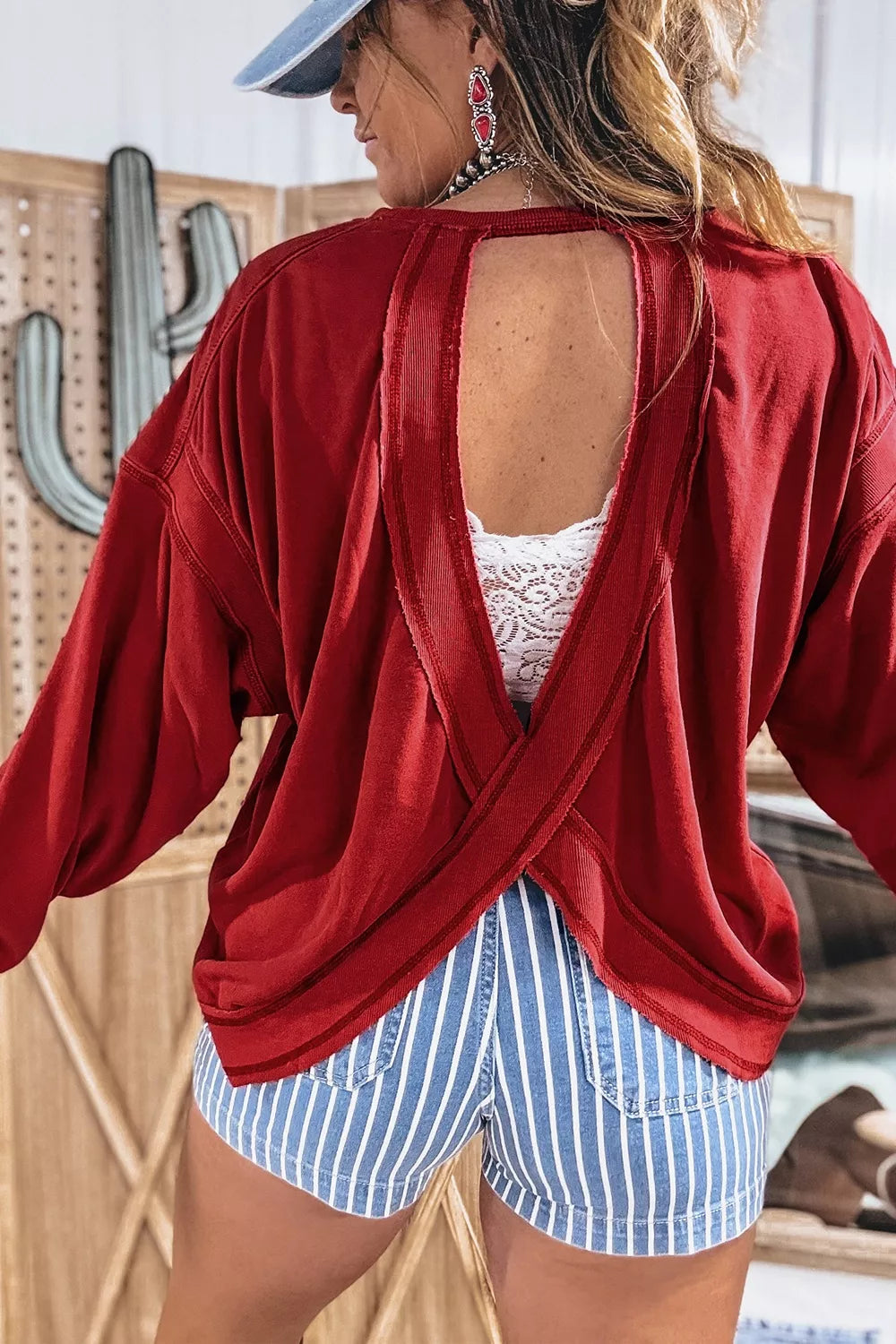 Ribbed Detail Drop Shoulder Cutout Back Sweatshirt