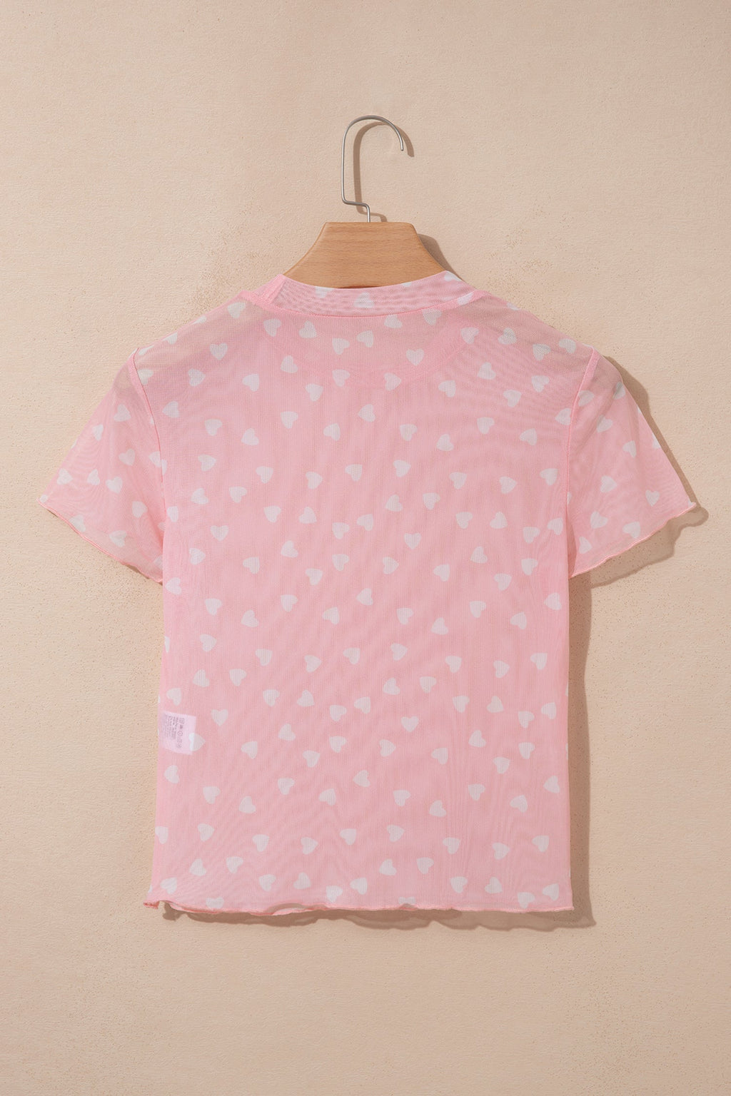 Pink Allover Heart Print Mesh Short Sleeve Top