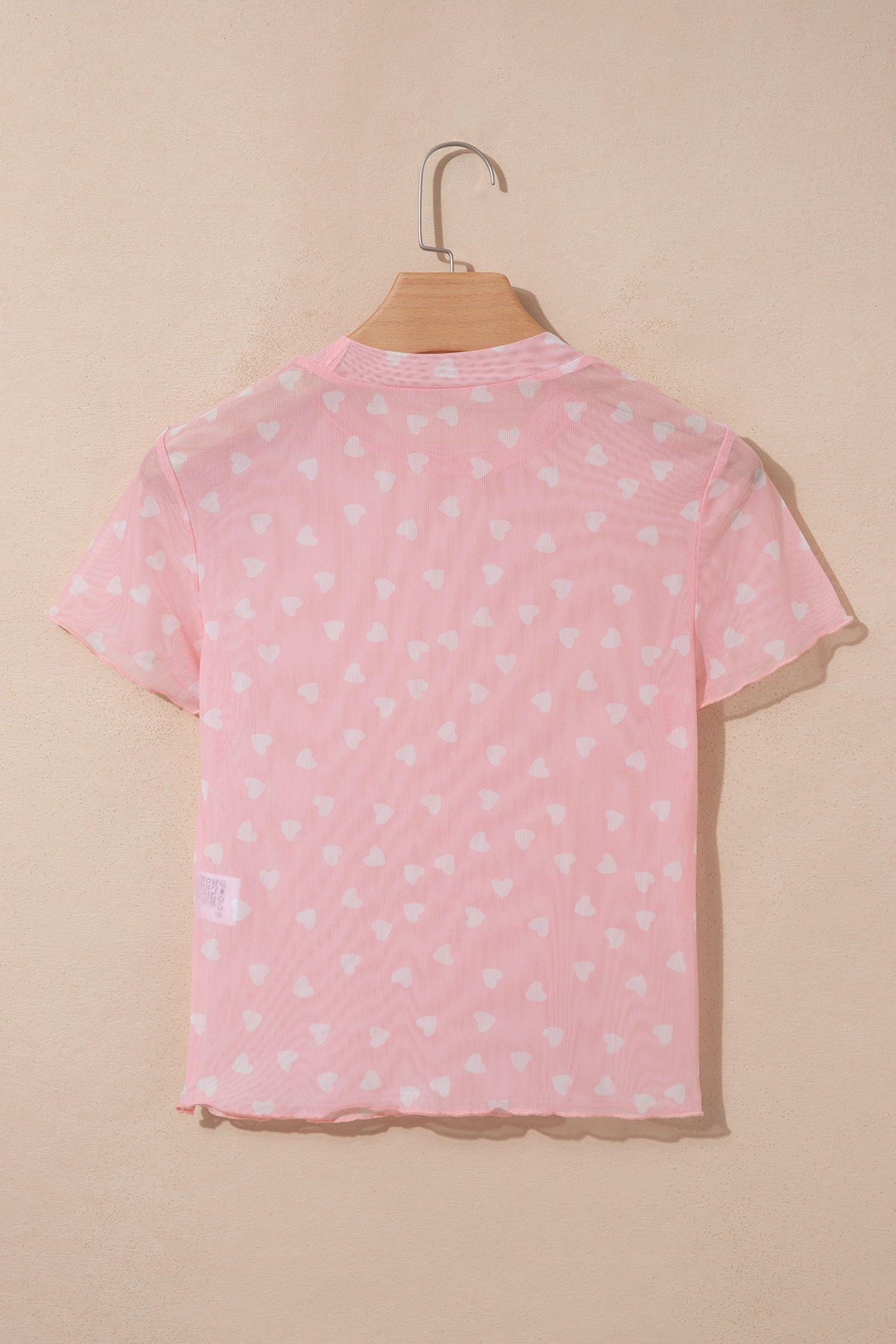 Pink Allover Heart Print Mesh Short Sleeve Top