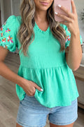 Mint Green Frilled V Neck Flower Embroidered Puff Sleeve Textured Blouse