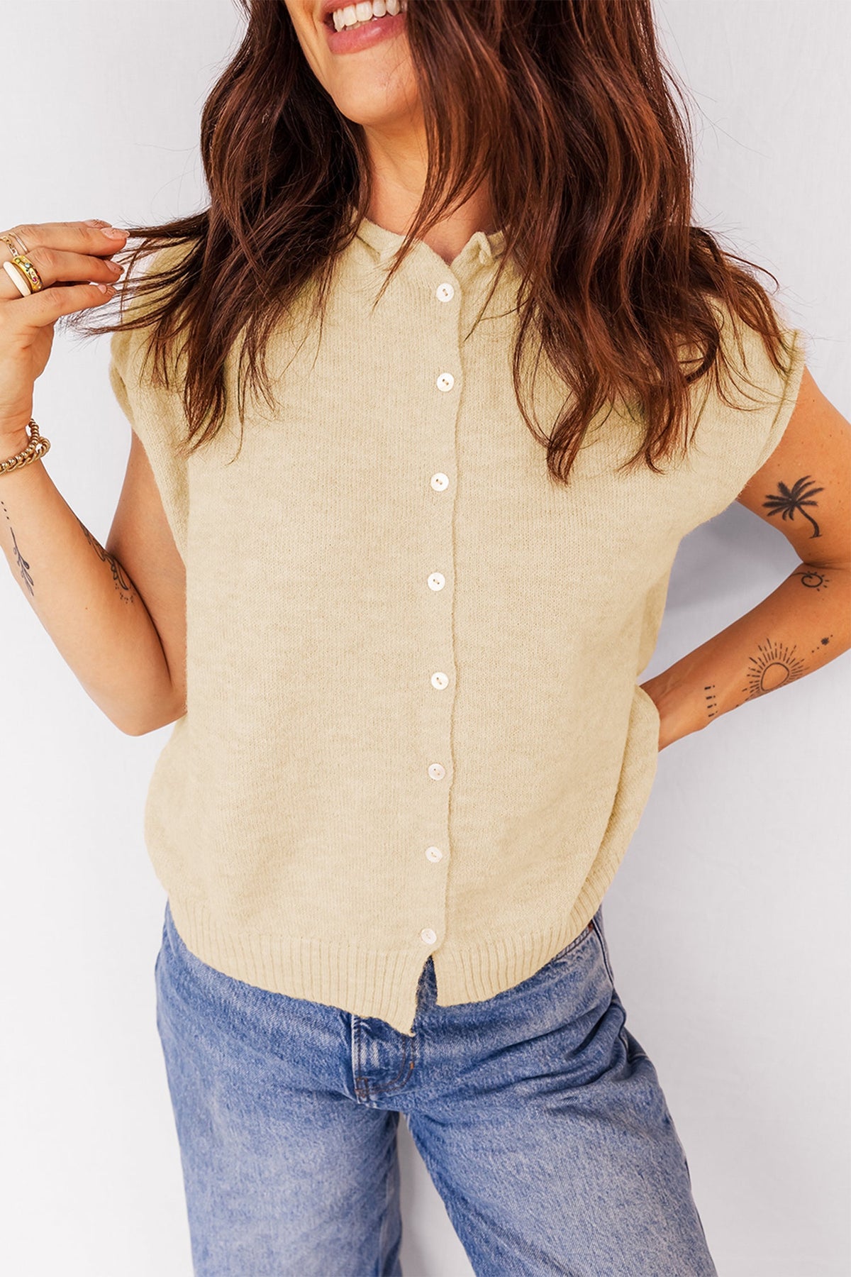 Solid Button-Front Rolled Hem Sweater Top