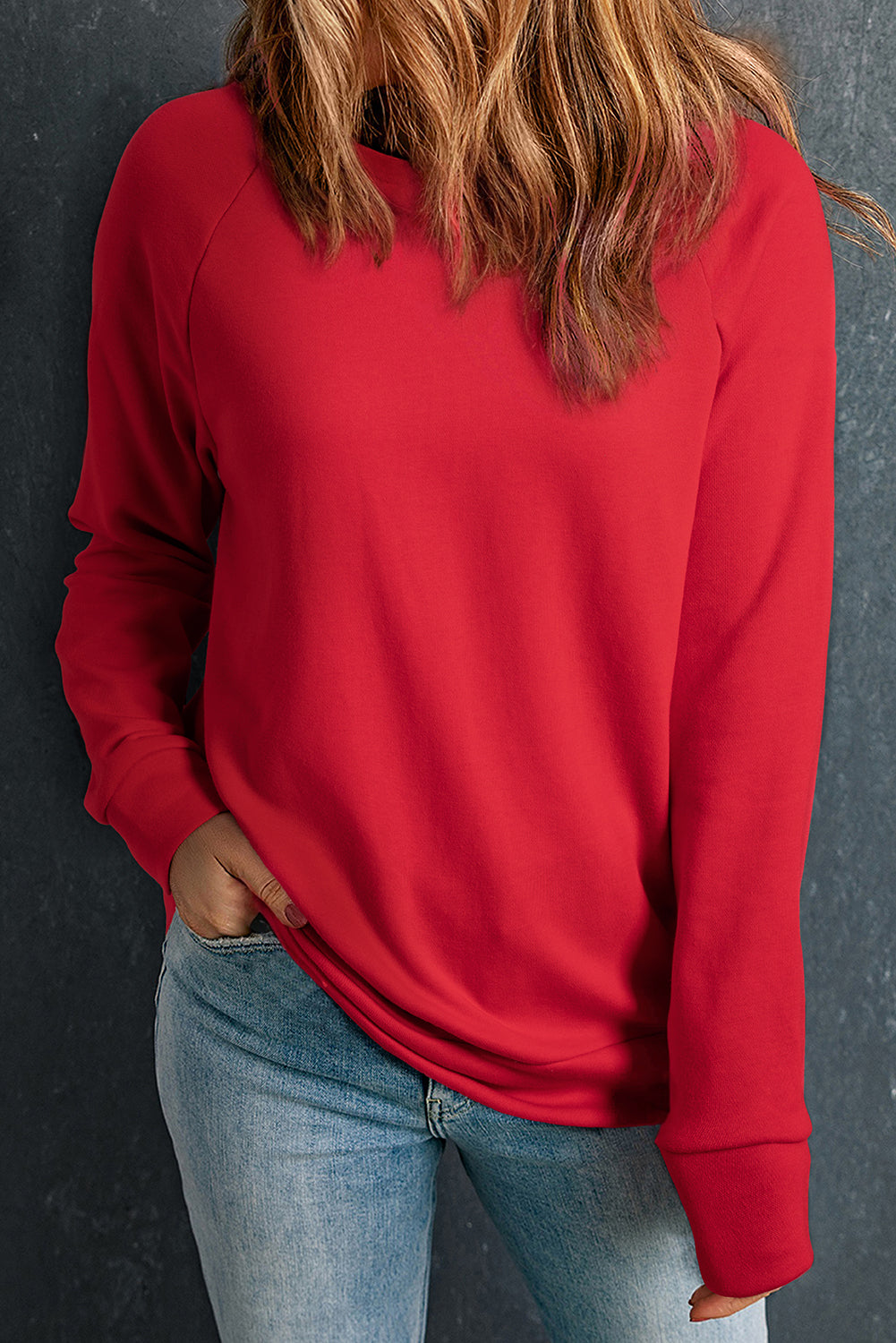 Solid Round Neck Raglan Sleeve Sweatshirt
