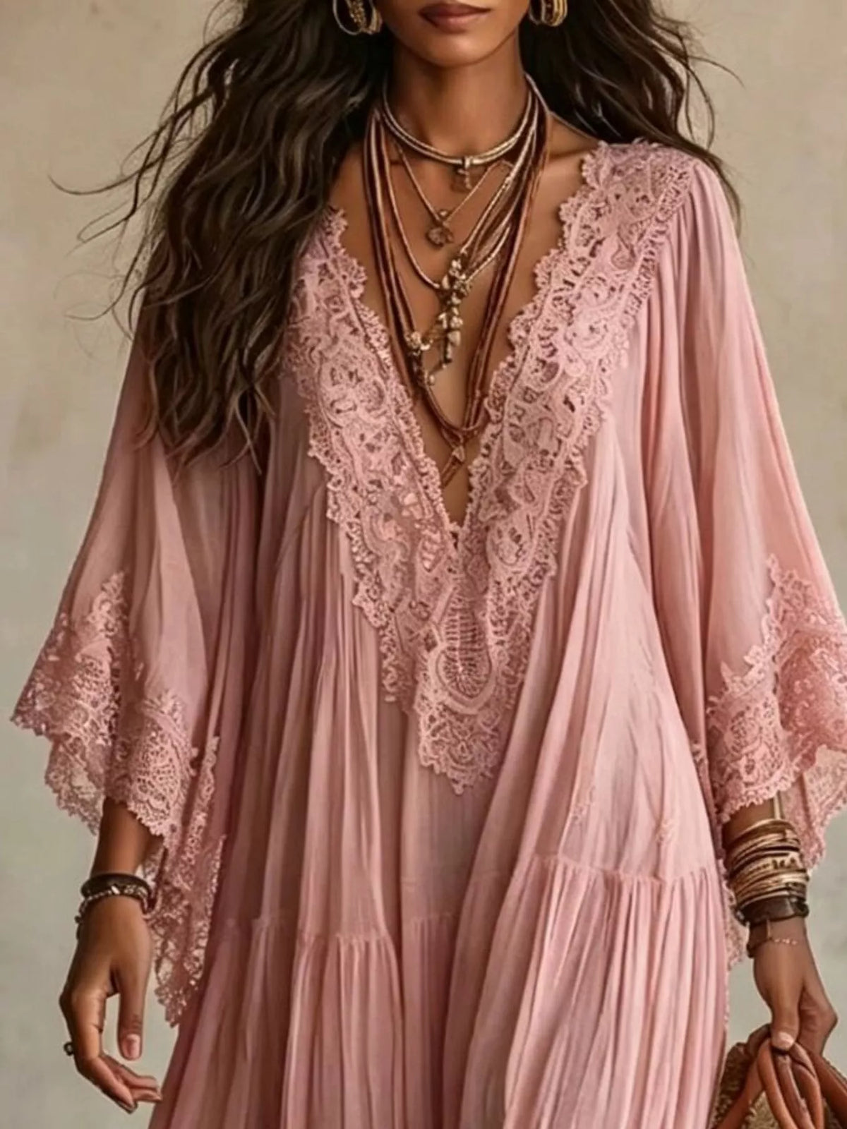 Lace Trim V-Neck Maxi Dress