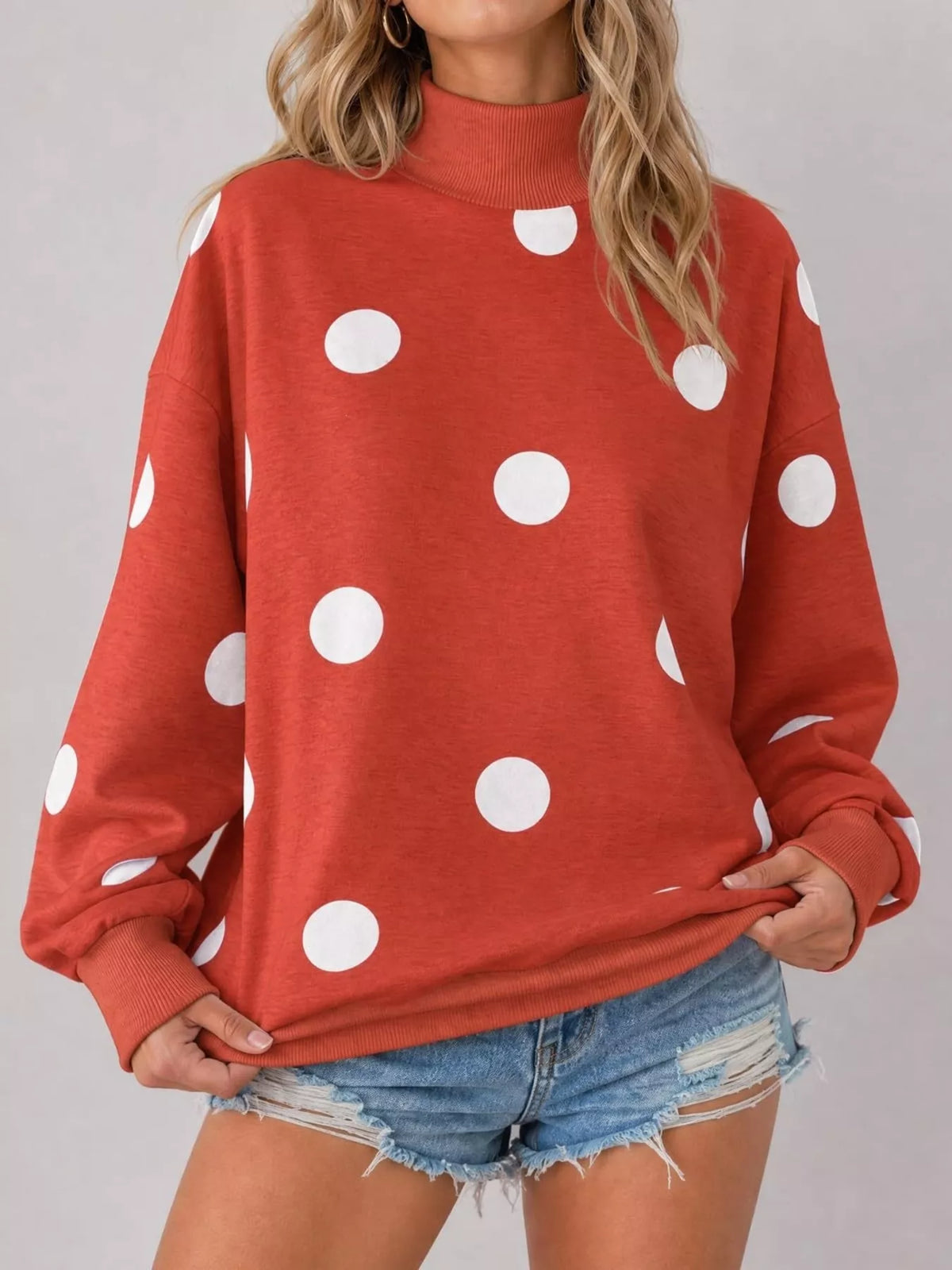 Mock Neck Polka Dot Print Oversized Sweatshirt