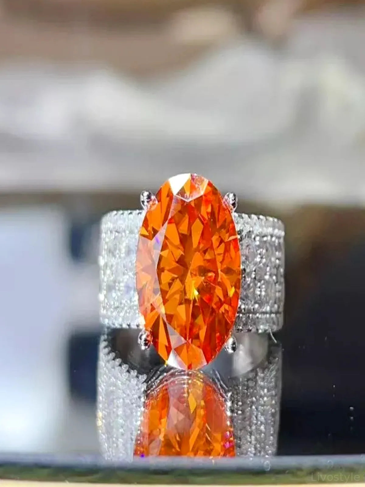 8 Carat Oval Orange Moissanite Cocktail Ring in 925 Silver