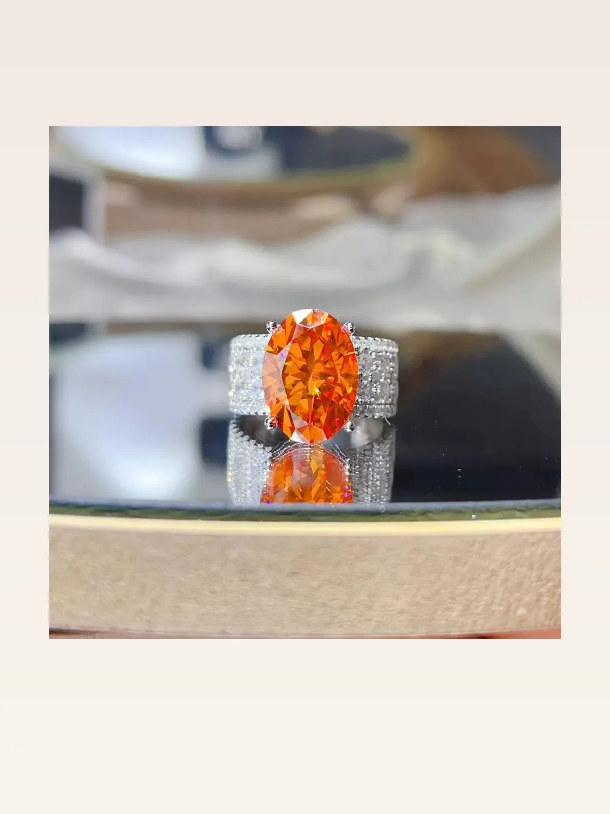 8 Carat Oval Orange Moissanite Cocktail Ring in 925 Silver