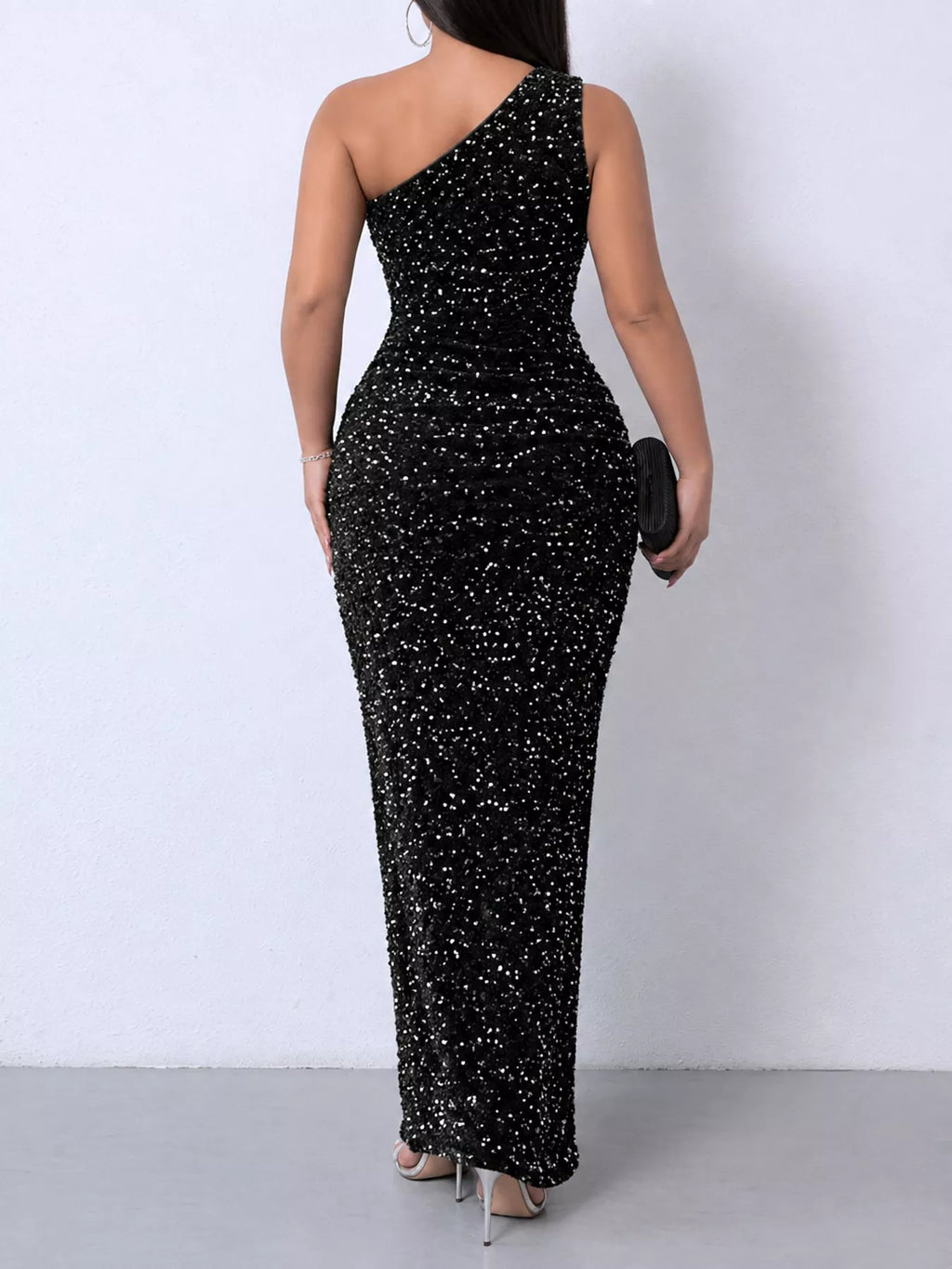 One-Shoulder Ruched Sequin High-Slit Evening Dress