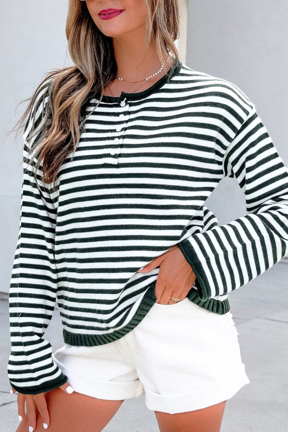 Striped Button Placket Drop Shoulder Long Sleeve Sweater