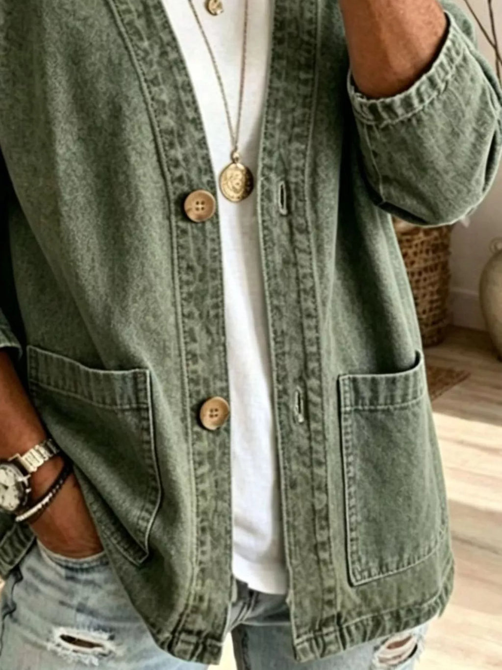 V-Neck Button-Down Denim Jacket