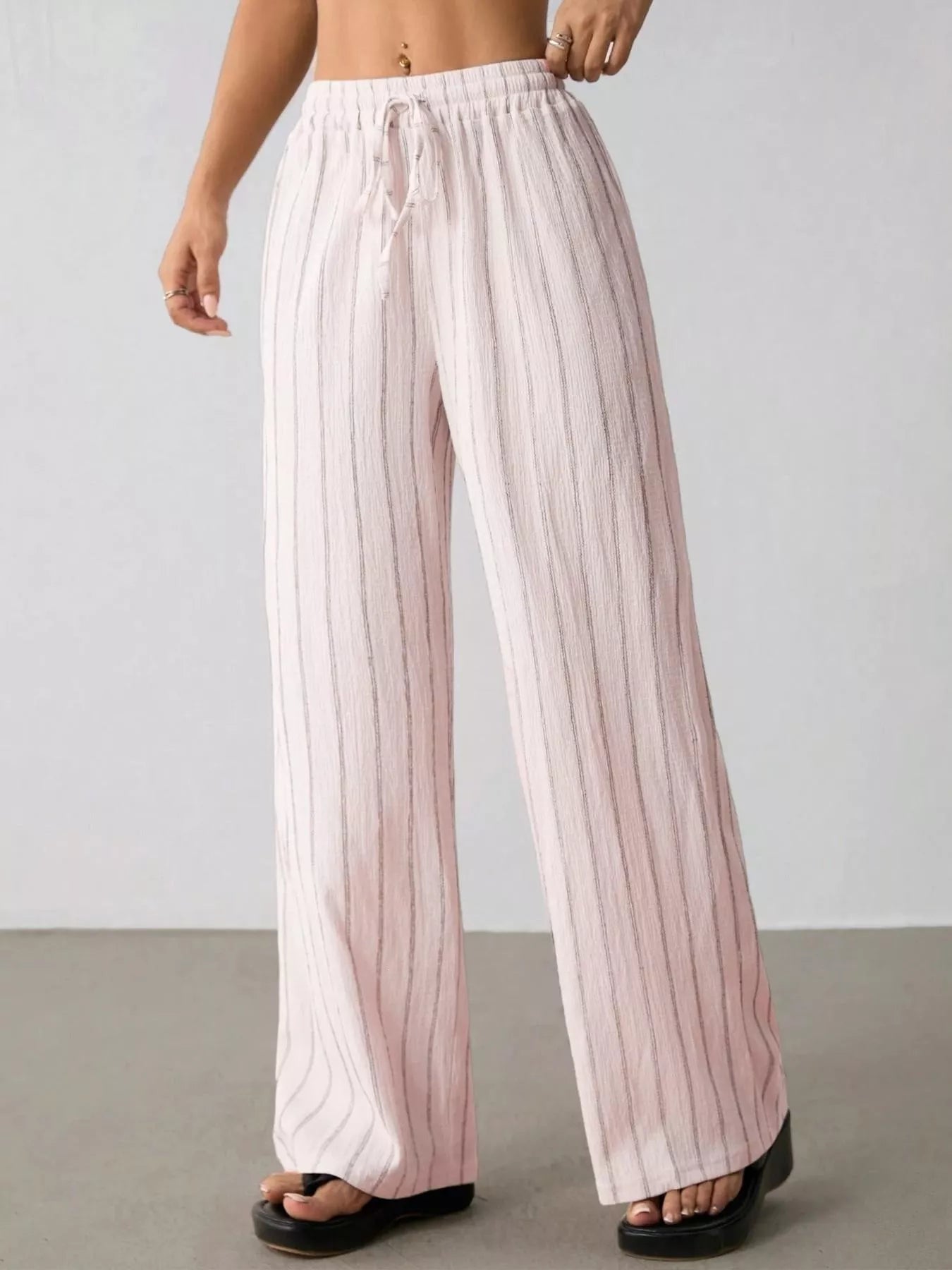 Striped Wide-Leg Drawstring Pants