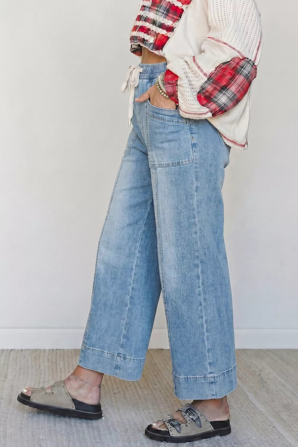 Drawstring Waist Wide Leg Ankle Length Jeans