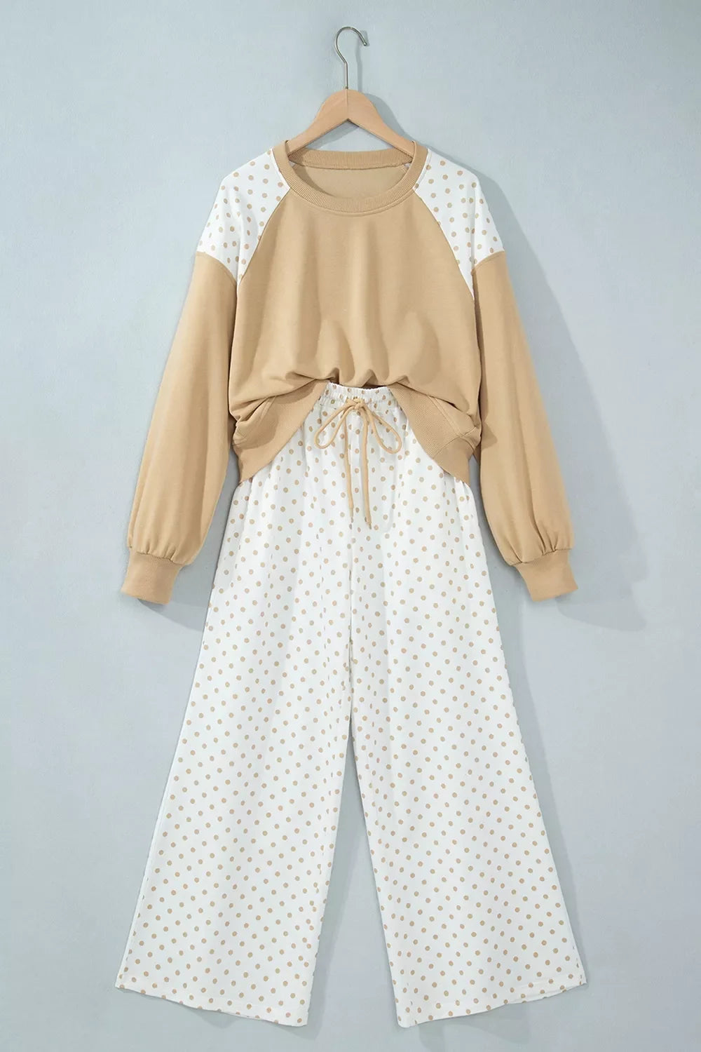 Polka Dot Patchwork Colorblock Long Sleeve Casual Two Piece Pants Set