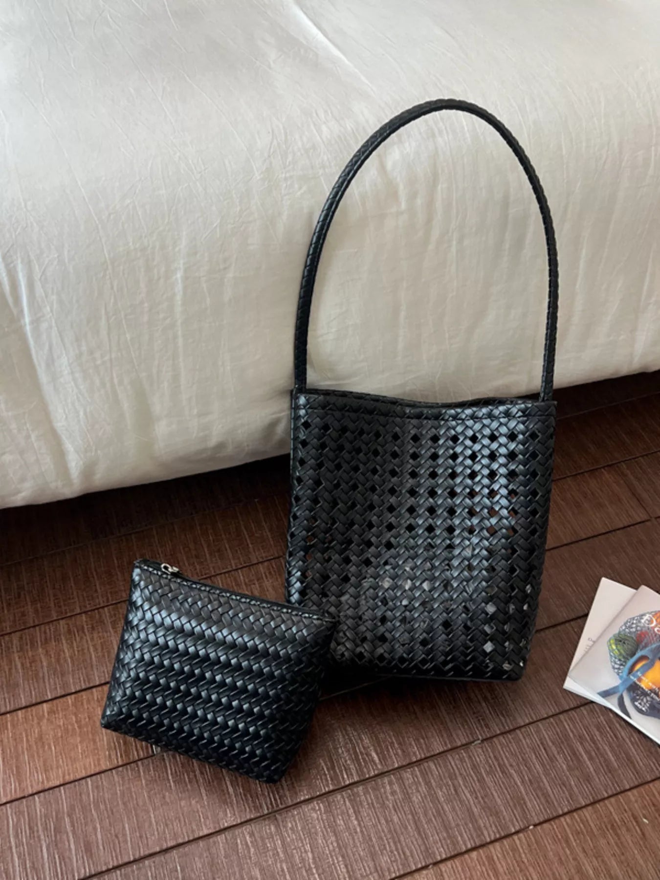 Woven Leather Handbag with Matching Pouch