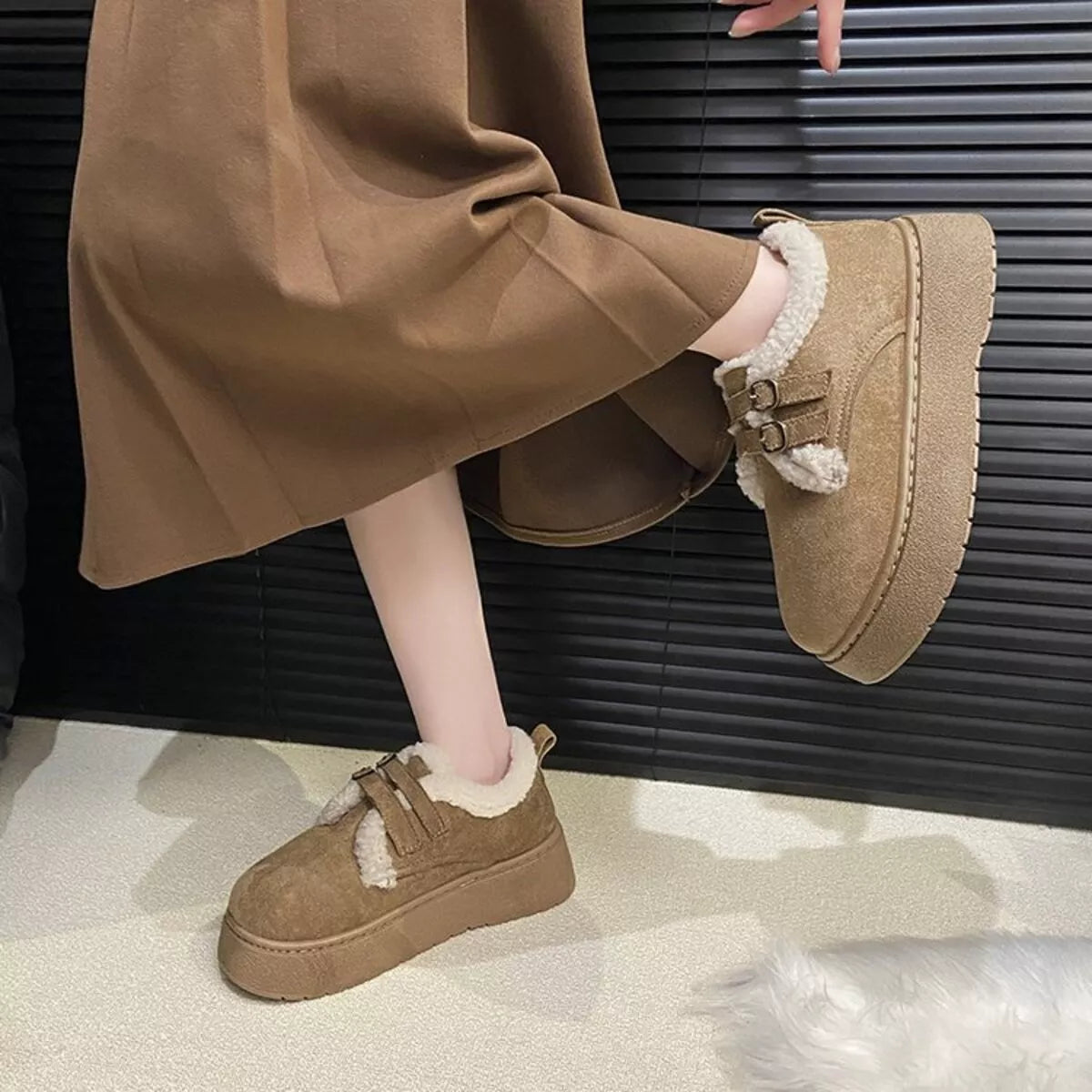 Double Buckle Fur-Lined Winter Ankle Boots