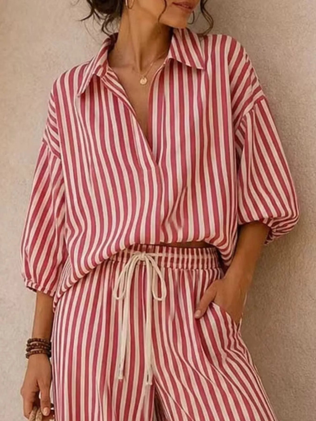 Full Size Striped Puff Sleeve Shirt and Wide-Leg Drawstring Pants Set Plus Size