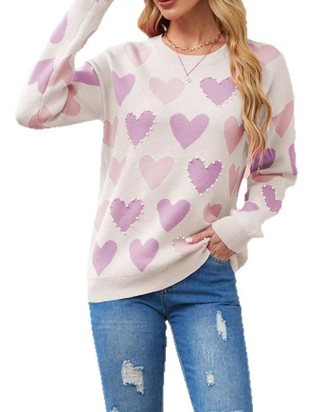 Heart Pattern Pearl Embellishments Sweater