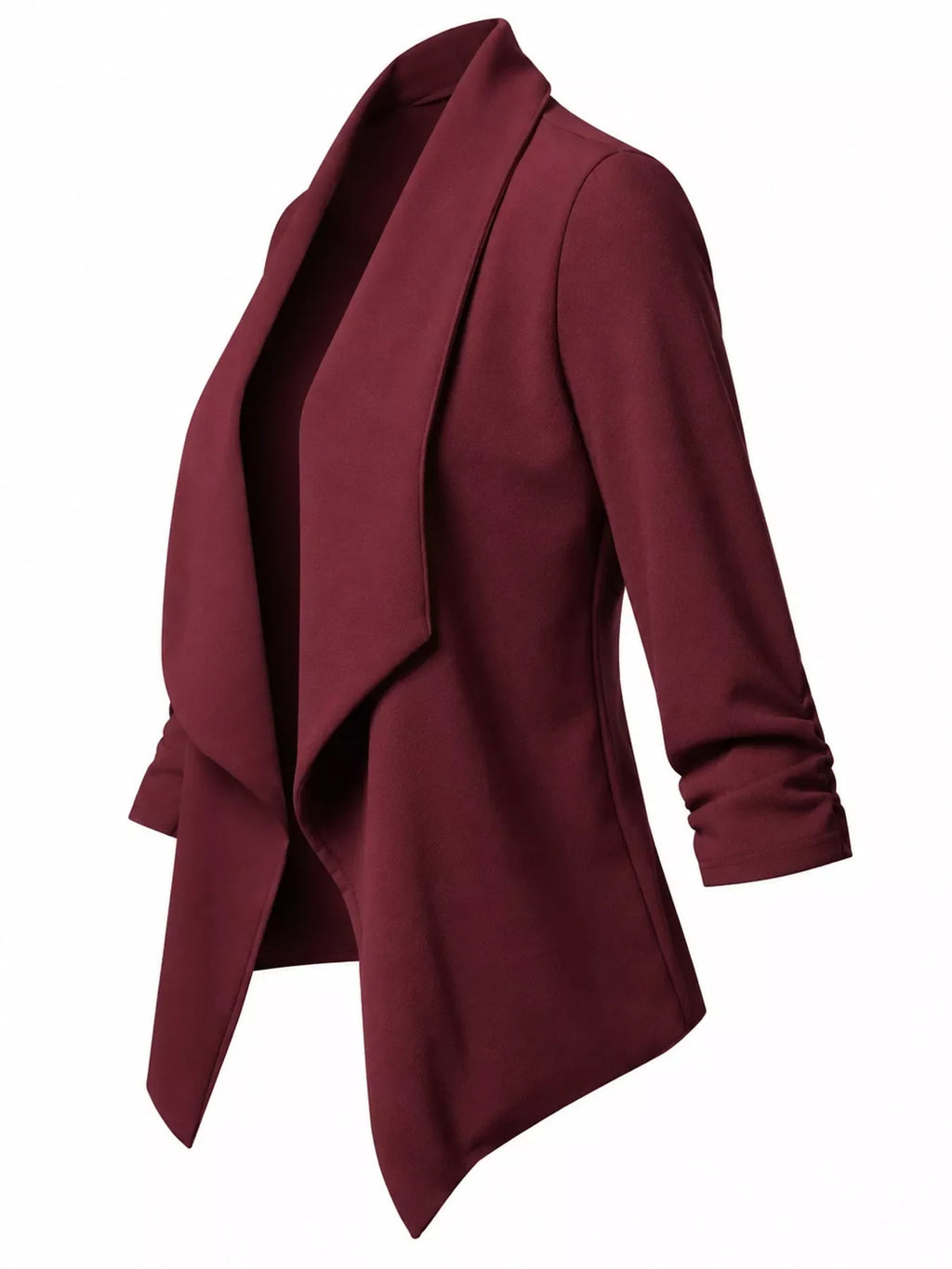 Full Size Open Front Drape Blazer with 3/4 Ruched Sleeves Plus Size