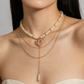 Layered Heart Pendant Necklace with Jade Beads