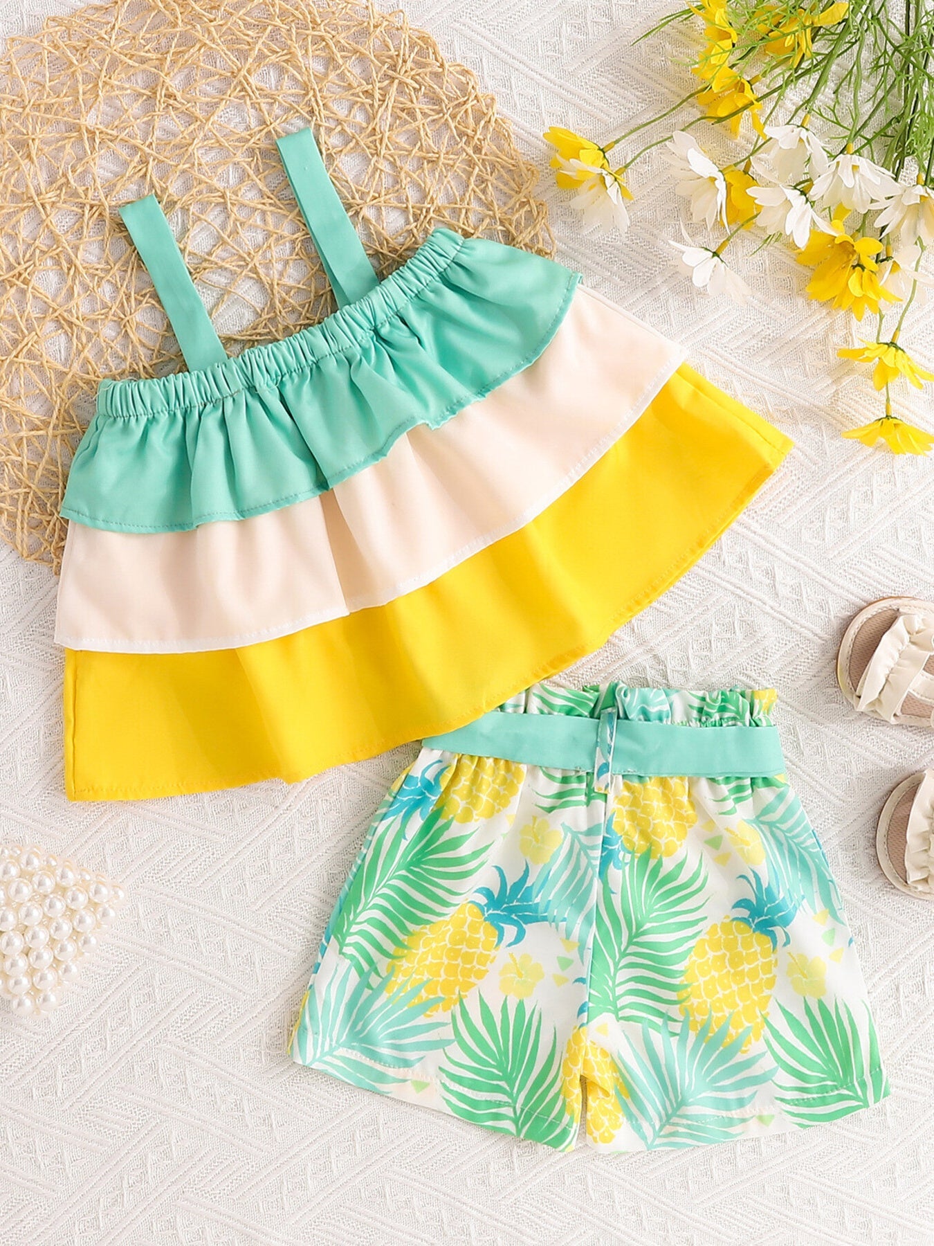 Children's Ruffle Trim Layered Cami Top & Pineapple Print Shorts Set