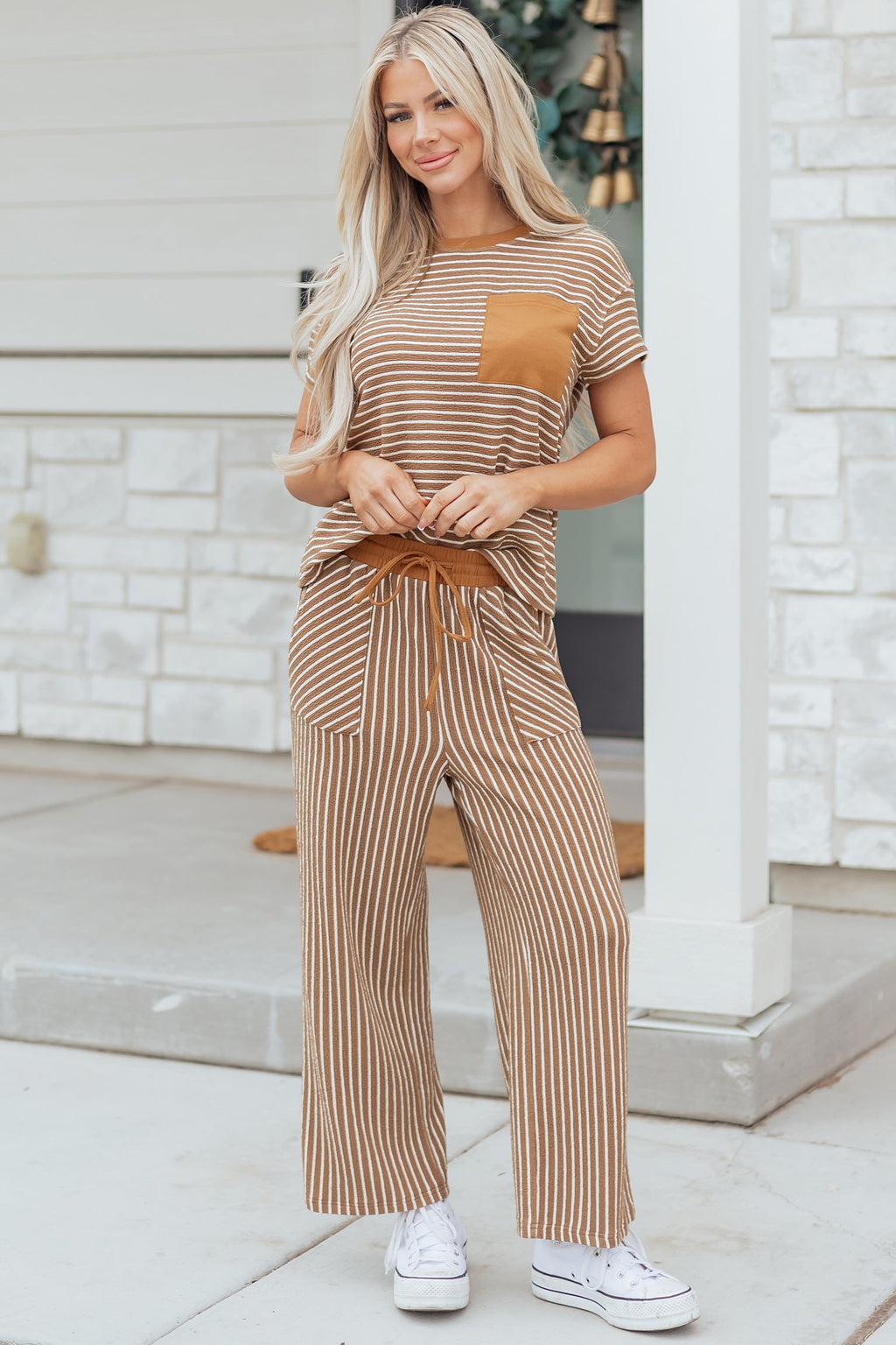 Khaki Stripe Crew Neck Tee Drawstring Waist Cropped Pants Set