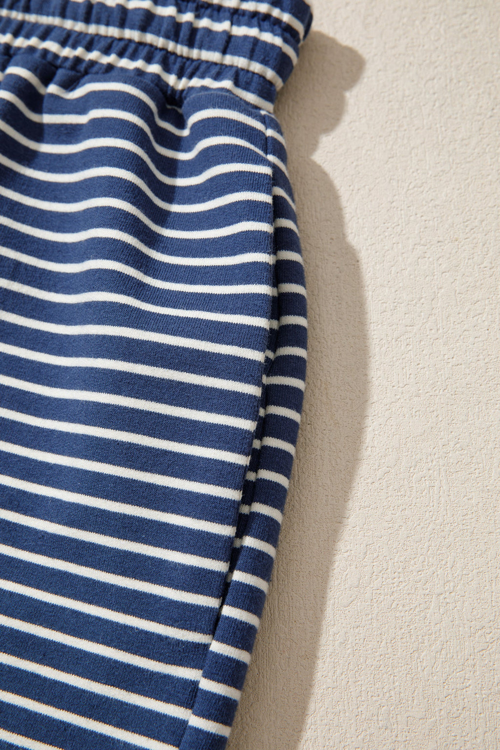 Blue Stripe Ribbed Patchwork Mock Neck Baggy Pullover Matching Shorts Set