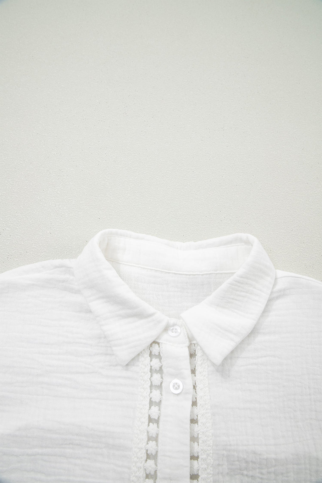 White Lace Trim Cuffed Short Sleeve Textured Shirt