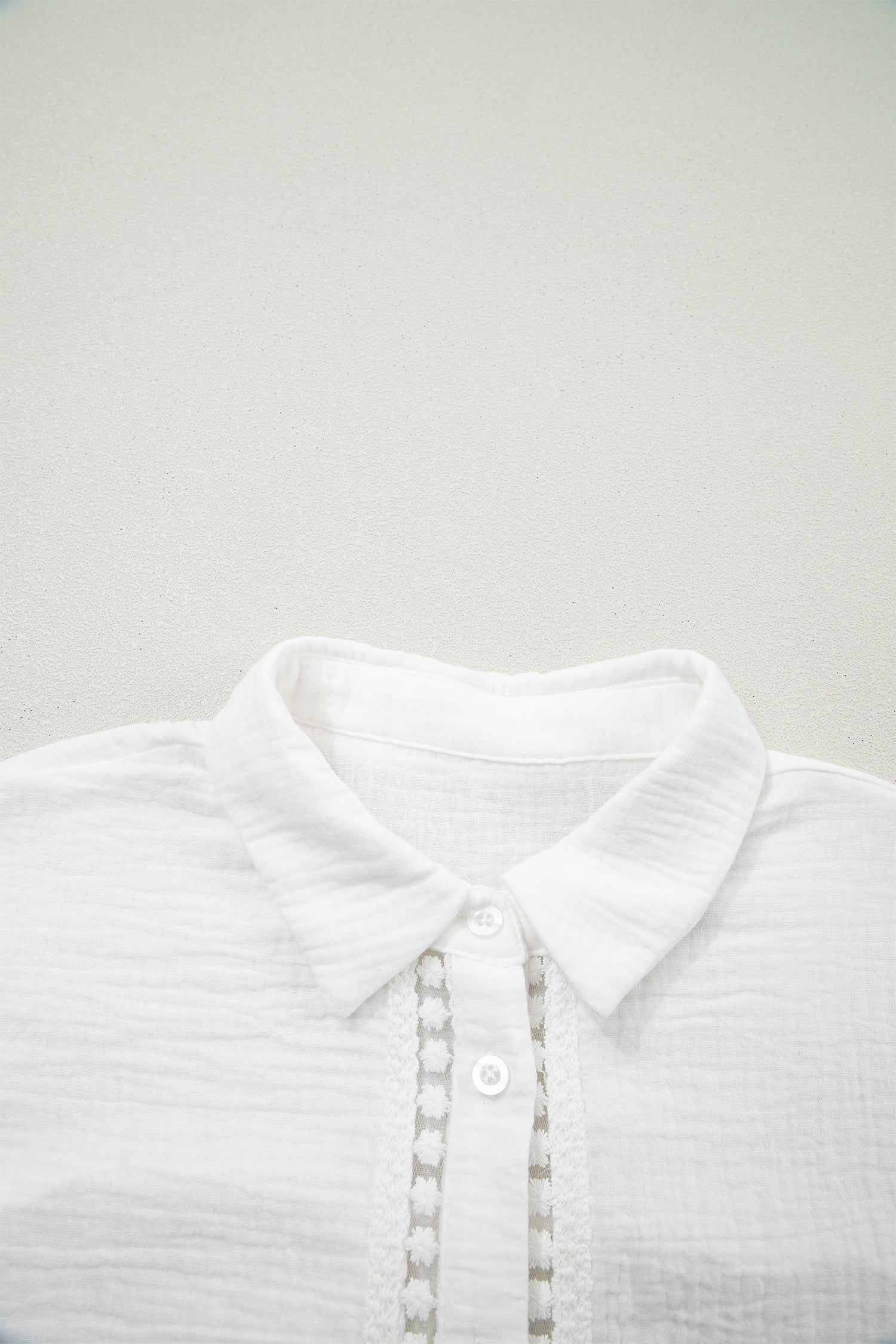 White Lace Trim Cuffed Short Sleeve Textured Shirt